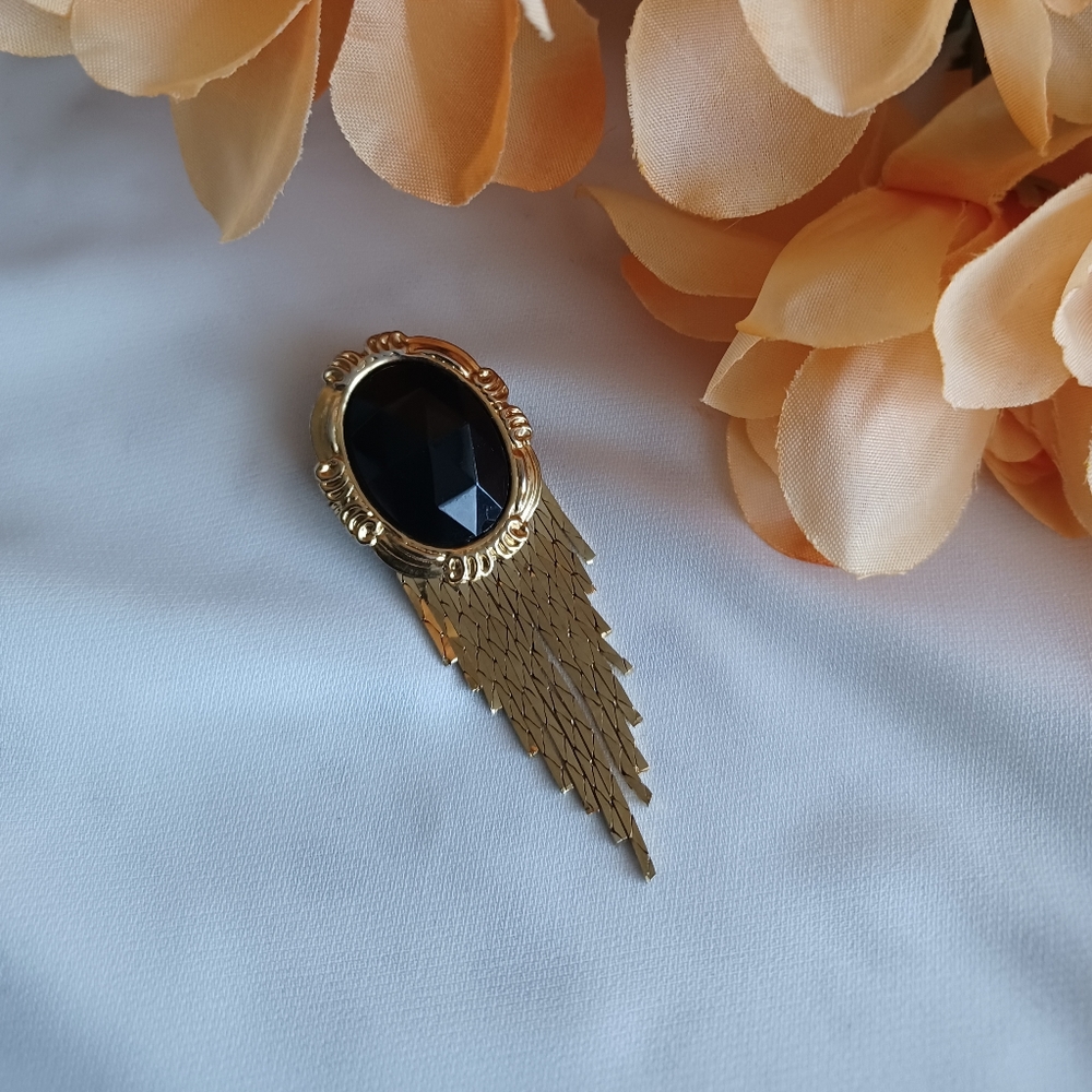 Vintage 80's Black and Gold Tassel Brooch